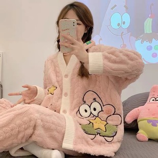 Patrick Coral Fleece Pajamas Ladies 2024 Autumn and Winter New fleece-lined Thickened Flannel Home Clothes suit