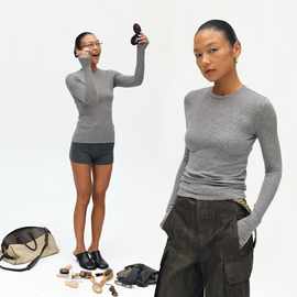 Oneup秋冬天丝羊毛打底衫修身长袖t恤针织衫内搭女百搭圆领上衣