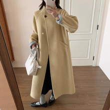 韩国东大门立领马卡龙拼色双面羊绒大衣长款高级设计感羊毛呢外套