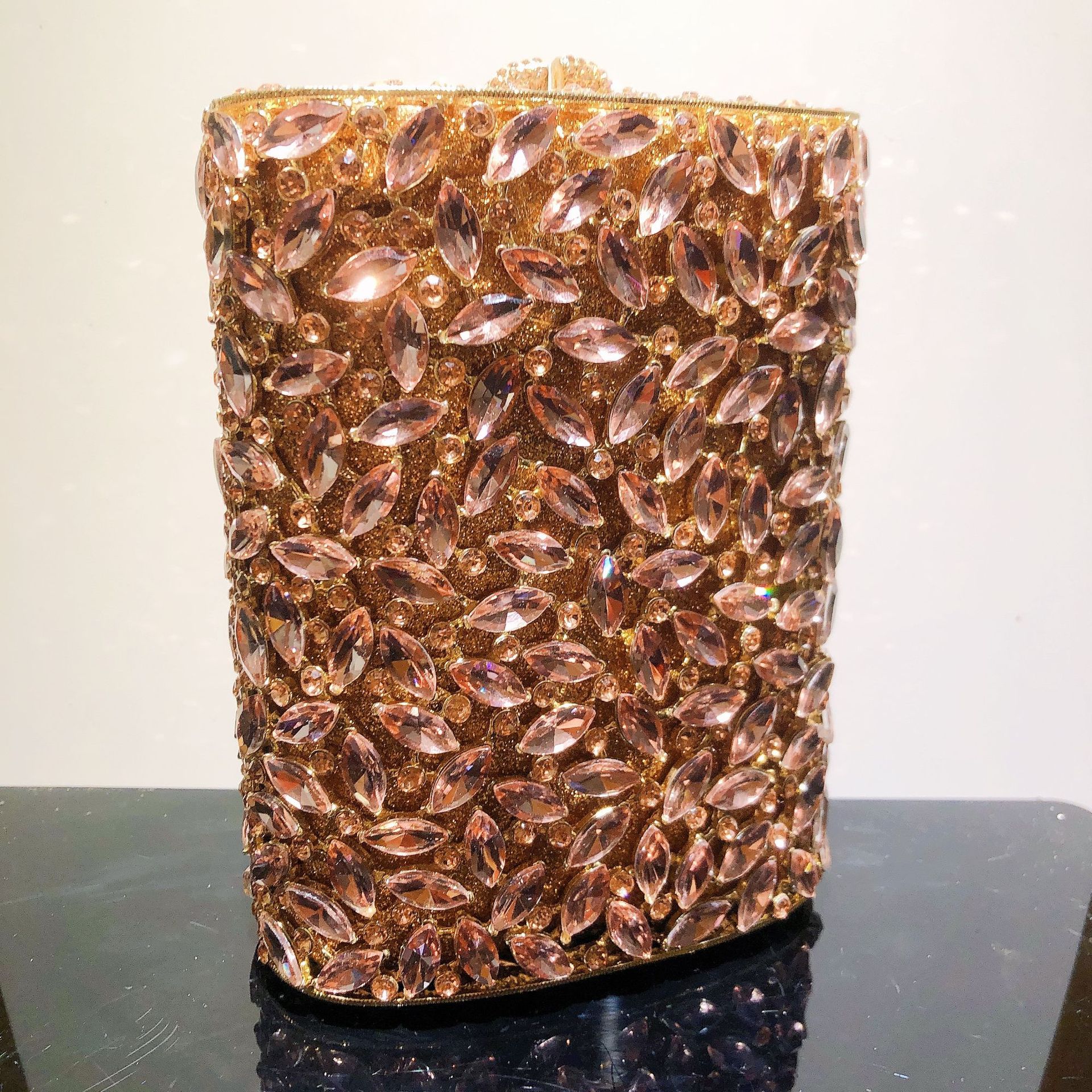 Túi clutch nữ vải satin thêu hoa hồng 14 bông, tay cầm ngọc trai, phụ kiện dạ hội — Màu Sâm panh, Cá tính đặt làm chi tiết 6