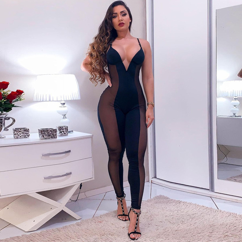 stitching V-neck slim backless suspender tight solid color see-through jumpsuit NSHTL131959