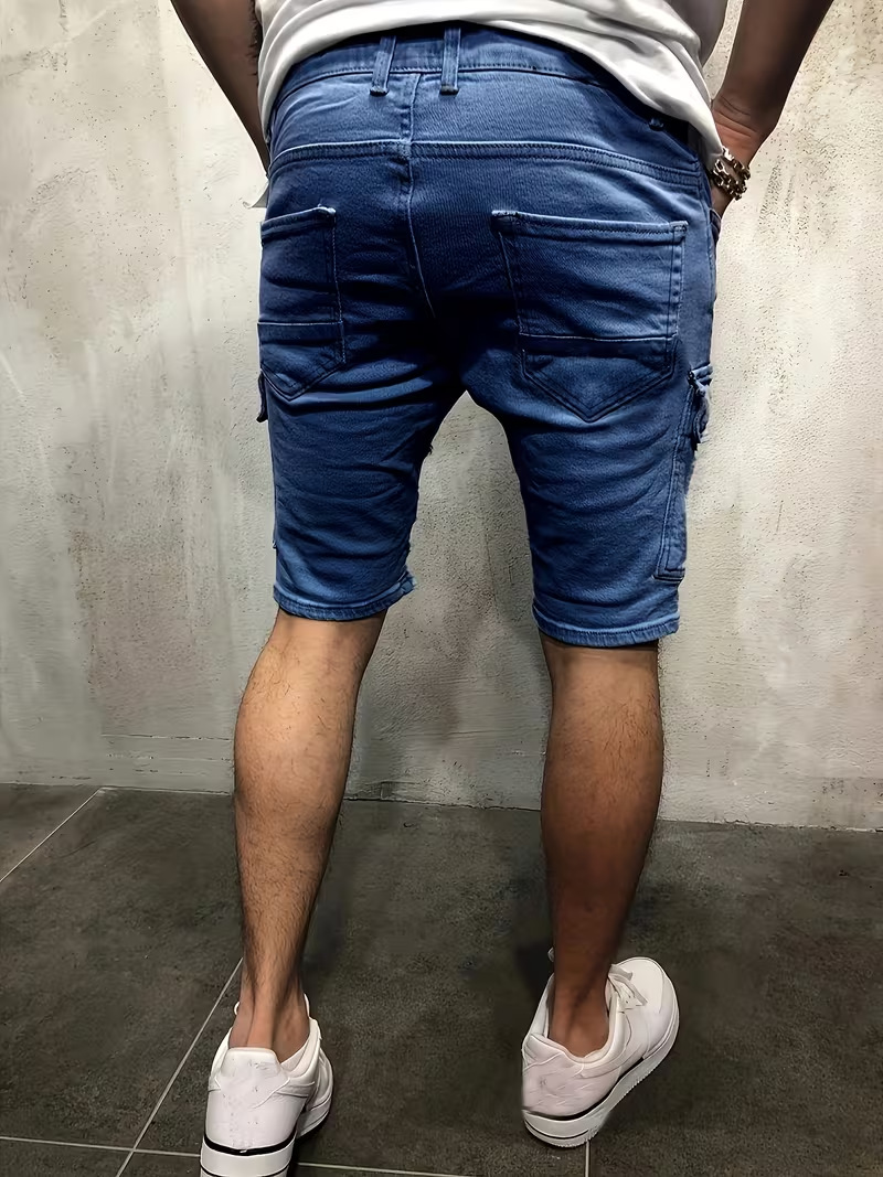 Men's Ripped Denim Shorts, Summer Stretch Cotton Cargo Shorts With Side Pockets, Slim Fit Casual Streetwear Style_viptrois.com