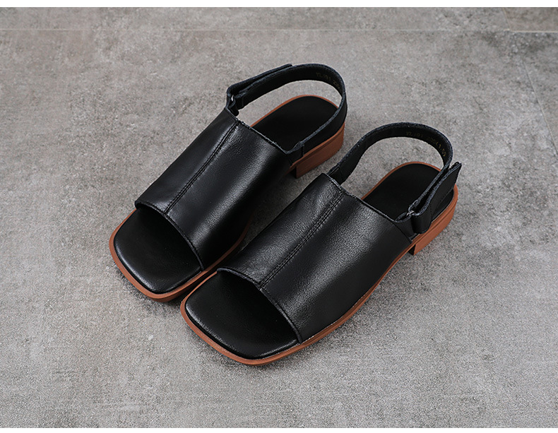 Sandal nữ da bò thật hở mũi phong cách cổ điển quai chữ V đế bệt mềm — màu nâu chi tiết 11