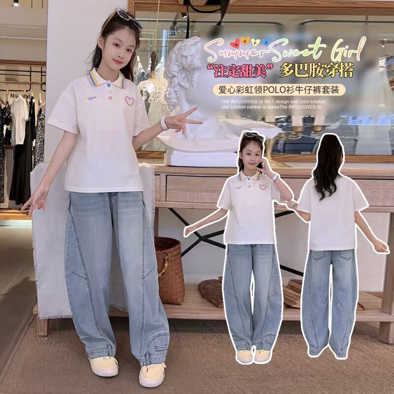 Girls' short-sleeved T-shirt, summer style, 2026 new style, medium and large children's heart embroidered polo shirt, collared pure cotton top, fashionable.