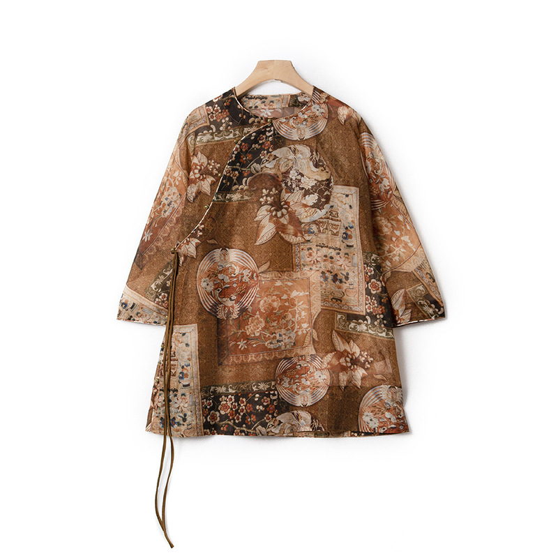 Silk Organza Chinese Style New Chinese Style Improved Chinese Style Oblique Lapel Three-Quarter Sleeve Shirt Thin Elegant and Elegant