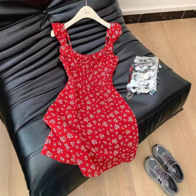Red Dopamine Floral Sleeveless Suspender Dress Short Women's High-End Unique Beautiful Pinch Waist Skirt Summer Red Dopamine Floral Sleeveless Suspender Dress Short Women's High-End Unique Beautiful Pinch Waist Skirt Summer