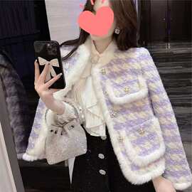 新款格纹小香风外套女清新时尚紫罗兰名媛加厚夹棉毛呢棉服长袖潮