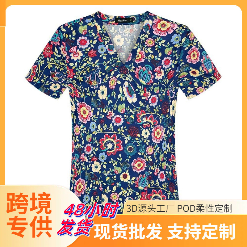 Printed T-Shirt Short-Sleeve V-Neck Dental Oral Scrub Uniform Beauty Salon Pet Doctor Nurse Pocket Workwear for Women
