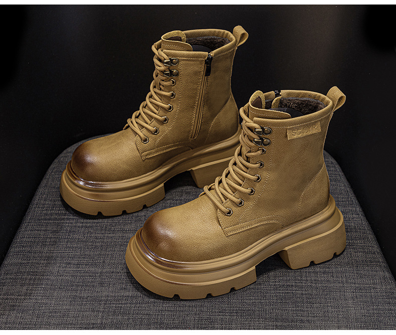 Giày boot Martin da đế dày cổ ngắn mũi rộng phong cách retro — M2633 màu vàng một lớp lót trong, M2633-1 vàng lót nhung, M2633-1 kaki lót nhung, M2633 kaki một lớp bên trong chi tiết 13