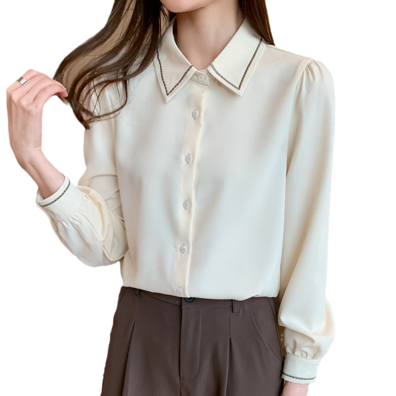 프랑스 활 셔츠 여성의 2025 봄과 가을 새로운 레이스 업 서양식 시대 감소 시폰 탑 셔츠 내부