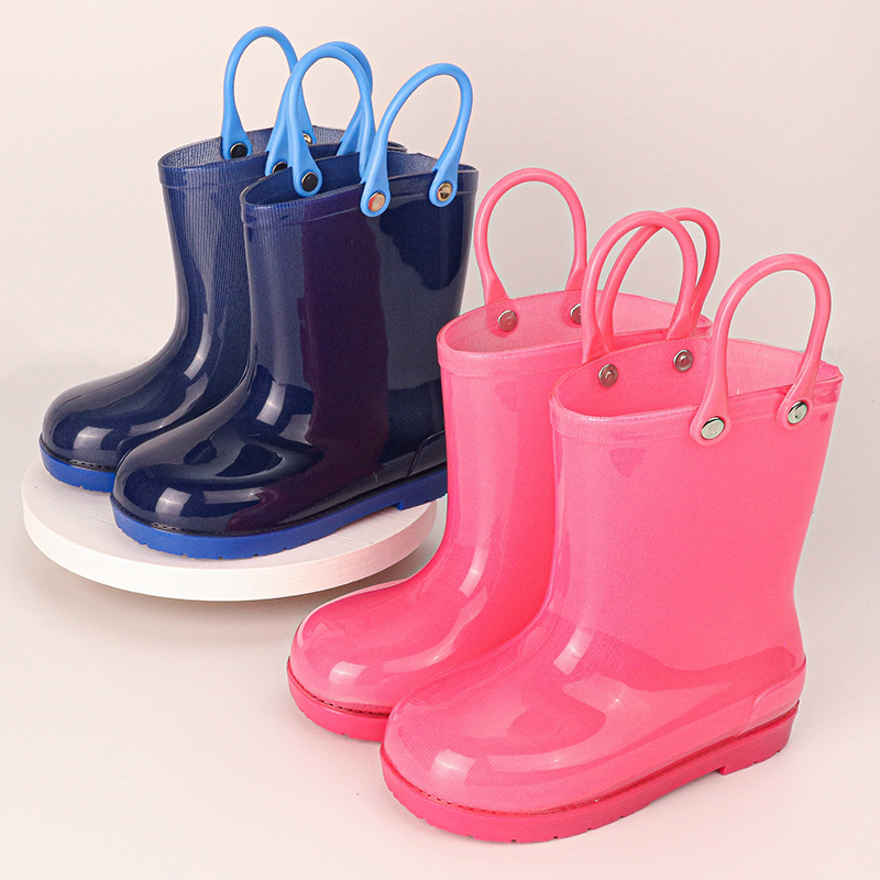 新款跨境网购果冻色纯色花布手提款男女童儿童雨靴胶水鞋代发现货