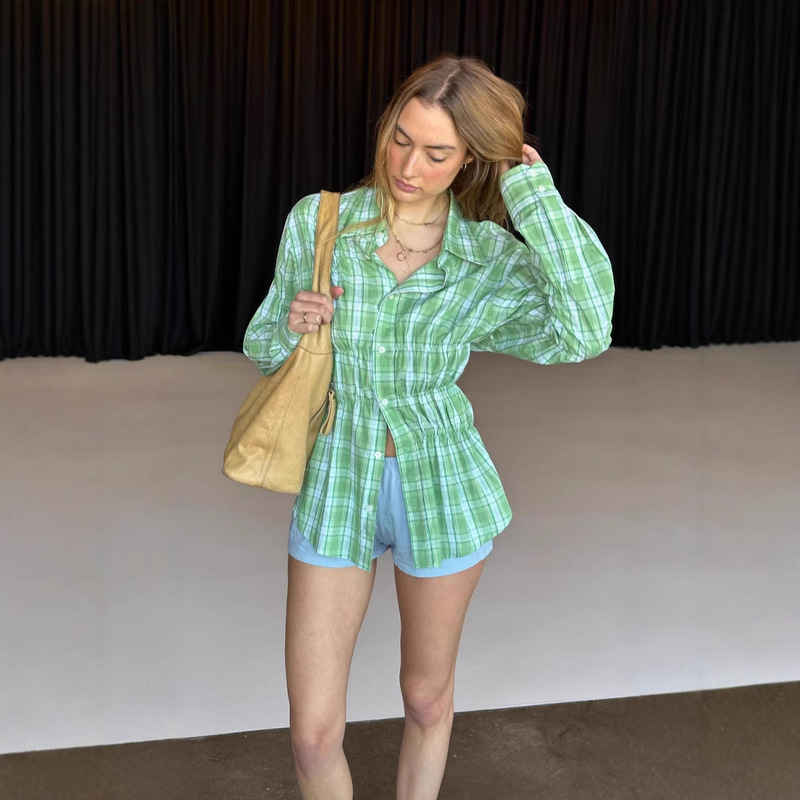Loose compact pleated striped long sleeve shirt cross-border fashion casual lapel single-breasted spring new top