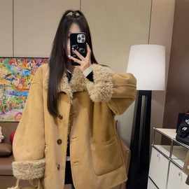 2025冬新款两面穿羊羔毛外套女中长款皮毛一体机车服加厚保暖大衣