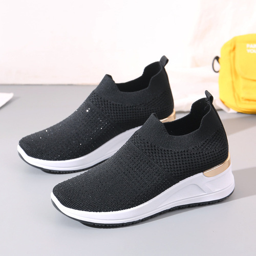 Foreign trade women's shoes  spring new breathable fly-knit mesh shoes women's soft-soled casual sports shoes thick-soled single shoes