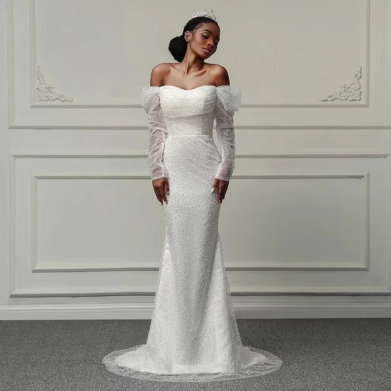 Nuevo comercio exterior vestido de boda sirena africana temperamento delgado elegante cola de pez larga correa bordada de perlas cola