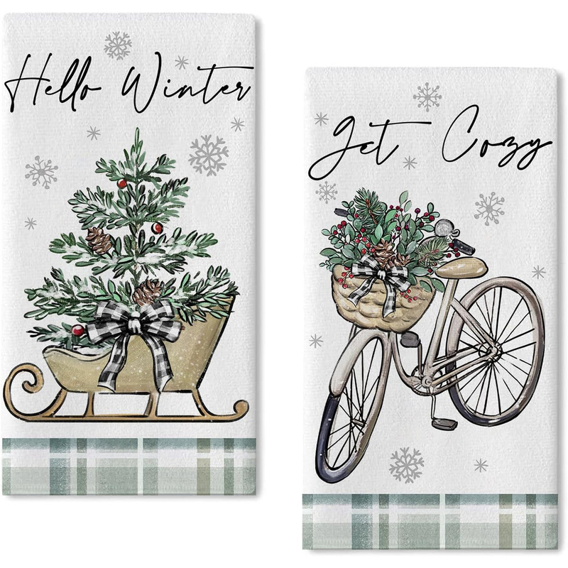 Winter bicycle sled kitchen dish towel comfortable bicycle Christmas tree Berry hand towel baking cooking cloth Winter bicycle sled kitchen dish towel comfortable bicycle Christmas tree Berry hand towel baking cooking cloth