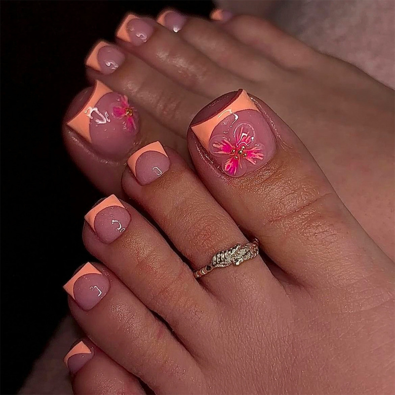 Toenail Pieces French Orange Flower Nail Pieces Wearable Fake Nails Foreign Trade Hot-selling Toenail Pieces