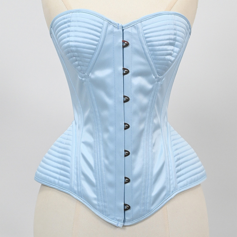 7215-7 light blue satin ribbed strapless corset top with waist cinching and slimming effect 7215-7 light blue satin ribbed strapless corset top with waist cinching and slimming effect