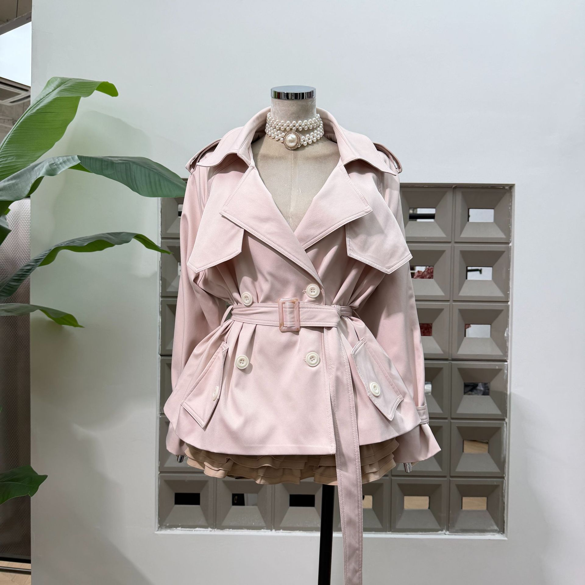 Amazon's New Korean-Style Lapel Double-Breasted Pink Casual Windbreaker with Waist, Sweet and Cool, Royal Sister's Elegant Ins Slimming Look