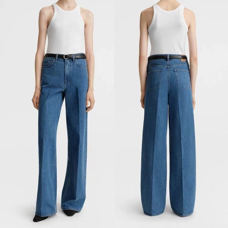 Nordic TOT Jeans Women's Retro Blue High Waist Wide Leg Denim Pants Slim Look Tall Design Sense Straight Leg Pants