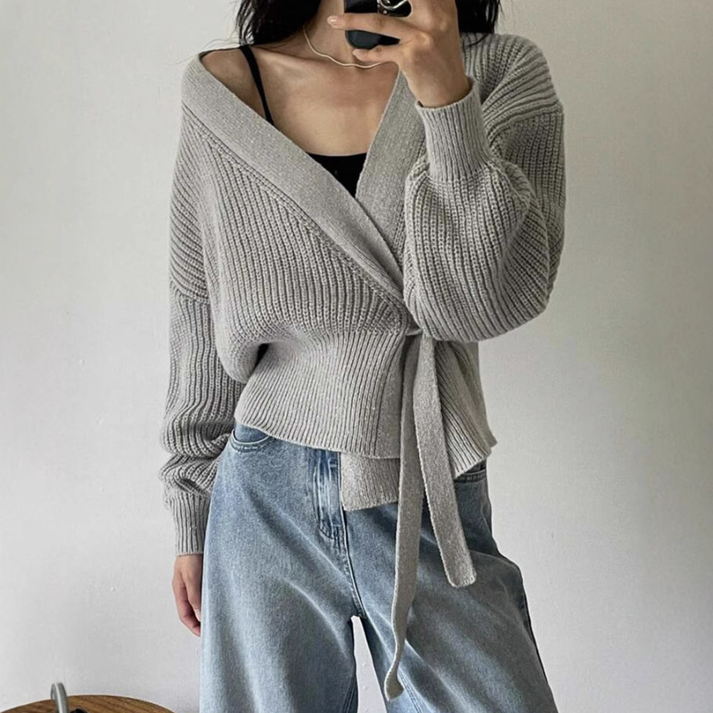 Amazon Aliexpress Slim Sexy V Neck Waist Tie Sweater 2025 Autumn and Winter Cross Wrap Sweater for Women Amazon Aliexpress Slim Sexy V Neck Waist Tie Sweater 2025 Autumn and Winter Cross Wrap Sweater for Women