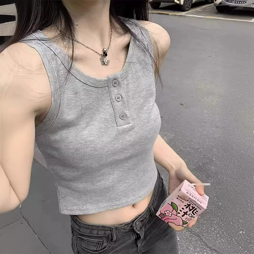 热辣风上衣美式甜酷辣妹小背心女夏百搭打底衫纽扣吊带显瘦上衣