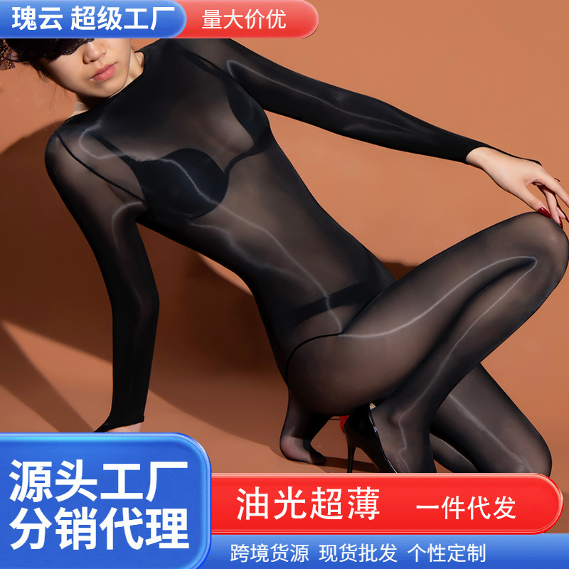 Rose Cloud Sexy Lingerie Pure Desire Glossy One-Piece Stockings Full Body Shiny Horse Oil Open Crotch Ultra-Thin Bodysuit for Women