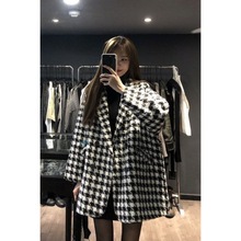 秋冬季新款宽松夹棉加厚保暖千鸟格中长款呢子大衣毛呢西装外套女