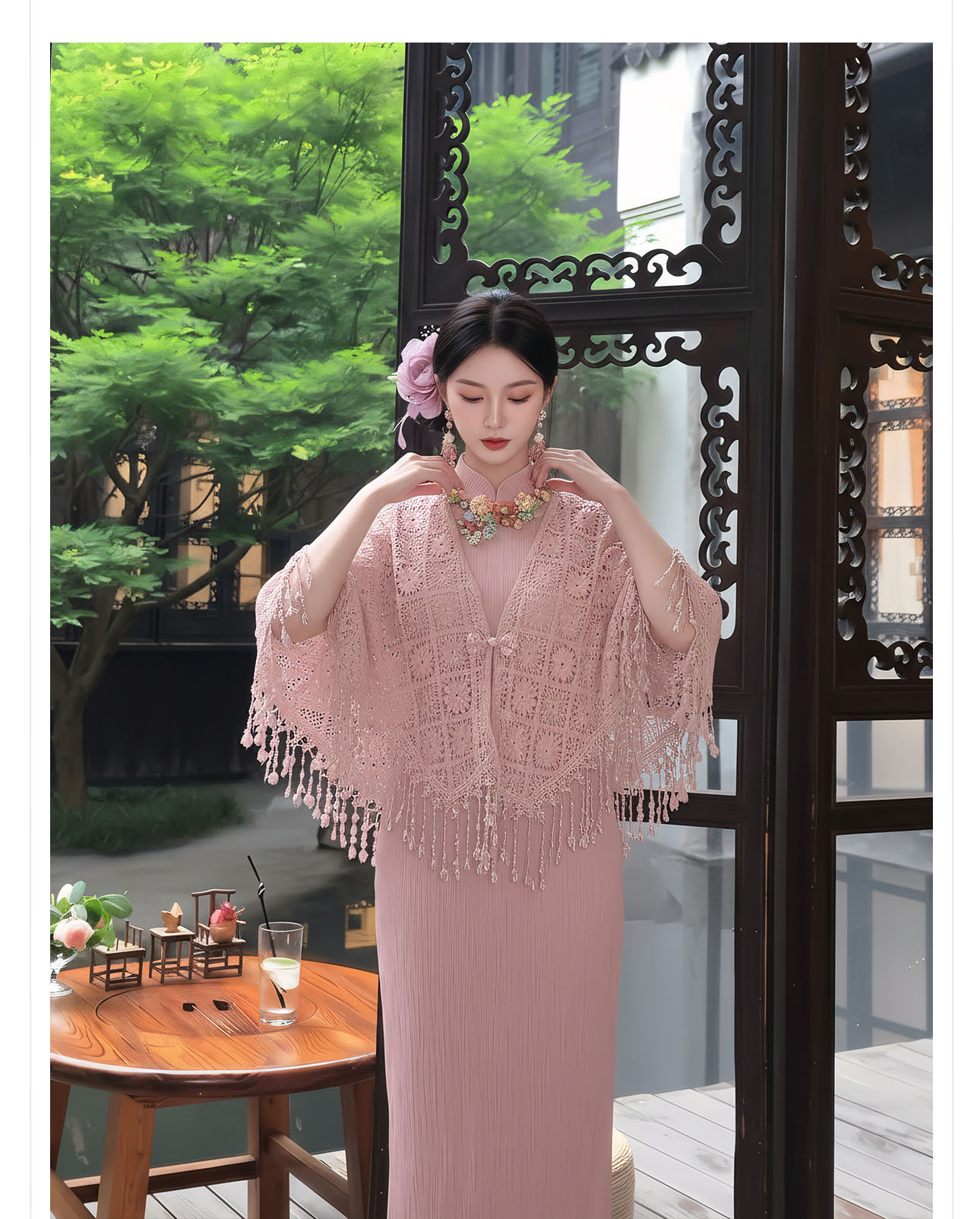 Bộ váy đầm maxi thắt eo kiểu Trung Hoa cải tiến kèm áo khoác choàng tua rua — Trang chủ, bộ đồ, váy liền, váy xanh chi tiết 17
