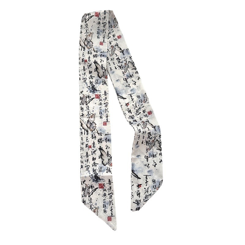 Las chicas del nuevo temperamento chino pinturas de tinta de flores y pájaros caligrafía cinta de cabello cuerda de cabello cabeza de cola de caballo bufandas de seda multipropósito