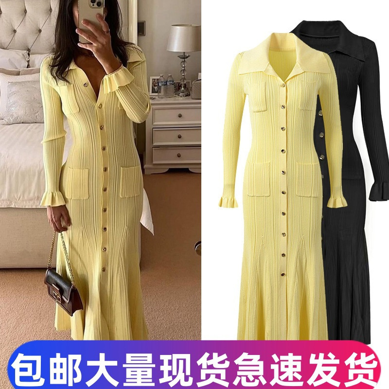 Aliexpress 2026 European and American Cross-Border Polo Single-Breasted Long-Sleeve Knit Solid Color Dress Vacation Style Dress