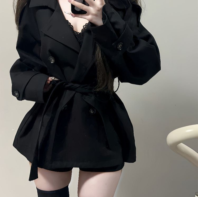 早秋英伦风短款风衣黑色双排扣女小个子高级感修身收腰小香风外套|undefined