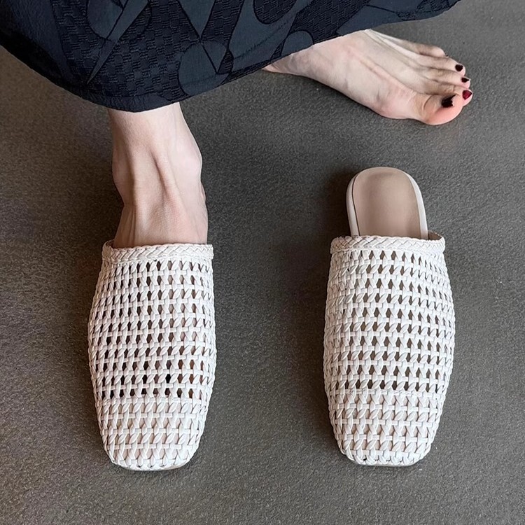 Sheepskin Version ~ Hand-Woven Mesh Toe-Cap Sandals for Women, French Versatile Cut Out Outer Wear Square-Toe Flats Half Slippers