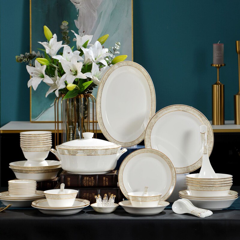 Casual and Fashionable Bone China Tableware Siweiya 50-Head High-End Bone China Tableware Set Gift Box Fine Packaging