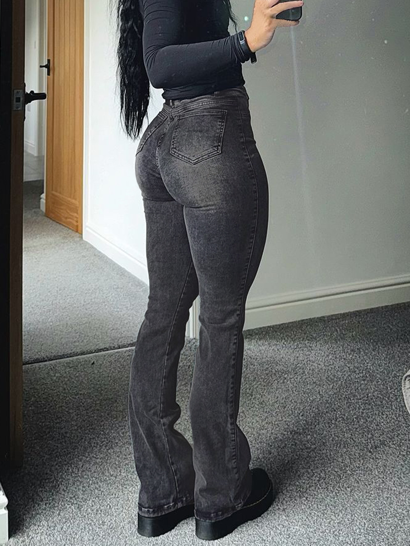Women's Grey Stretch Flared Jeans High Waisted Vintage Bootcut_voghion.com