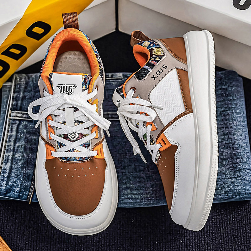 Giày sneaker cổ thấp mũi tròn rộng, đế dày tăng chiều cao, mặt da chống nước, dây buộc — Bạch tửu đỏ 8811, Trắng kaki 8811, Trắng đen 8811