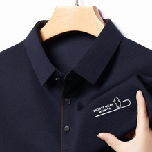 跨境代秋新款长袖翻领T恤商务POLO休闲纯色男士中年上衣轻奢