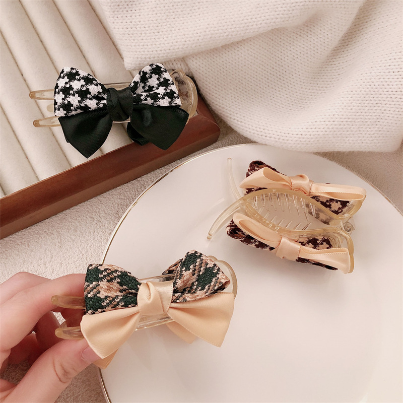 Tela moda retro plaid lazo pinza mujer alta cola de caballo pinza para el cabello en la parte posterior de la cabeza pinza de tiburón accesorios para el cabello