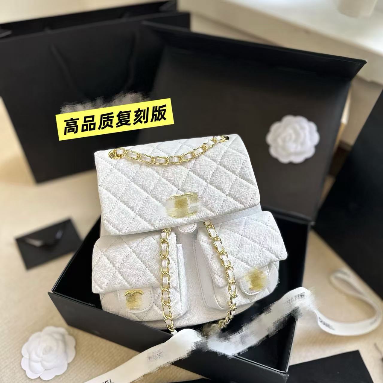 Classic Quilted CF Handle Mini Bag Black & Gold Original Lambskin Women's Genuine Leather Handbag Shoulder Crossbody Square Bag - Thumbnail 3