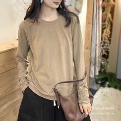 秋季 韩版宽松复古袖口刺绣盘扣圆领打底衫百搭亲肤T恤内搭女5687