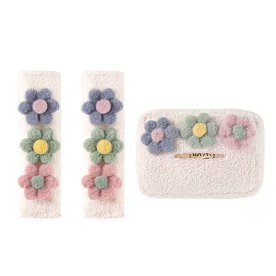 Small Flower Decorative Supplies Car — Seat belt shoulder pad - lambskin-purple-green-2-pink-shoulder-pads-a-tissue-box