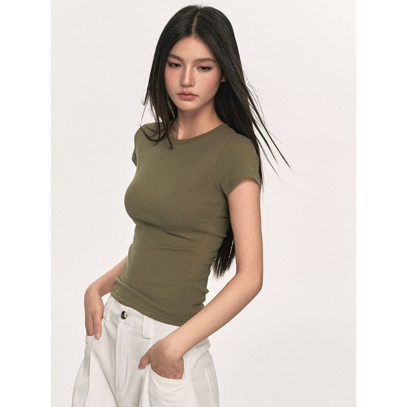 Women's Summer Solid Color Simple Versatile Round Neck Slim Fit Basic T-Shirt Top