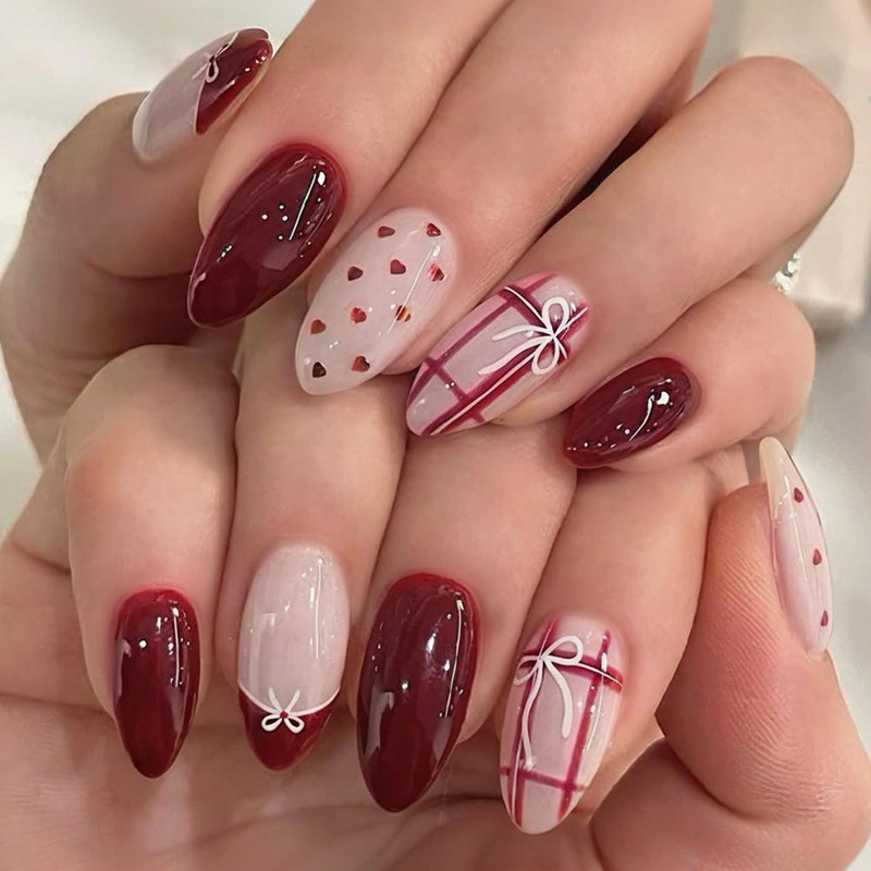 Valentine's Day Manicure Nail Tips Almond-Shaped Cross-Border Nail Pieces Glossy Pink Heart Sweet Style Fake Nails Valentine's Day Manicure Nail Tips Almond-Shaped Cross-Border Nail Pieces Glossy Pink Heart Sweet Style Fake Nails