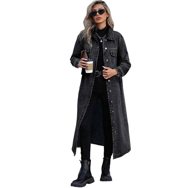 Elegant Long Denim Coat For Women, Mid Blue And Black Trench Style Jacket, Versatile Career Outerwear For Fall_ecoleips.com