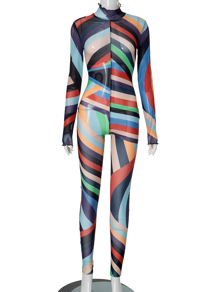 Fall Sexy Mesh Floral Print Jumpsuit for Women