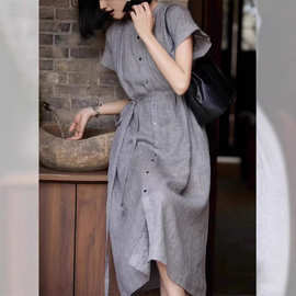 法式棉麻小个子通勤中长款茶歇裙2025年夏季轻熟风高级感连衣裙女