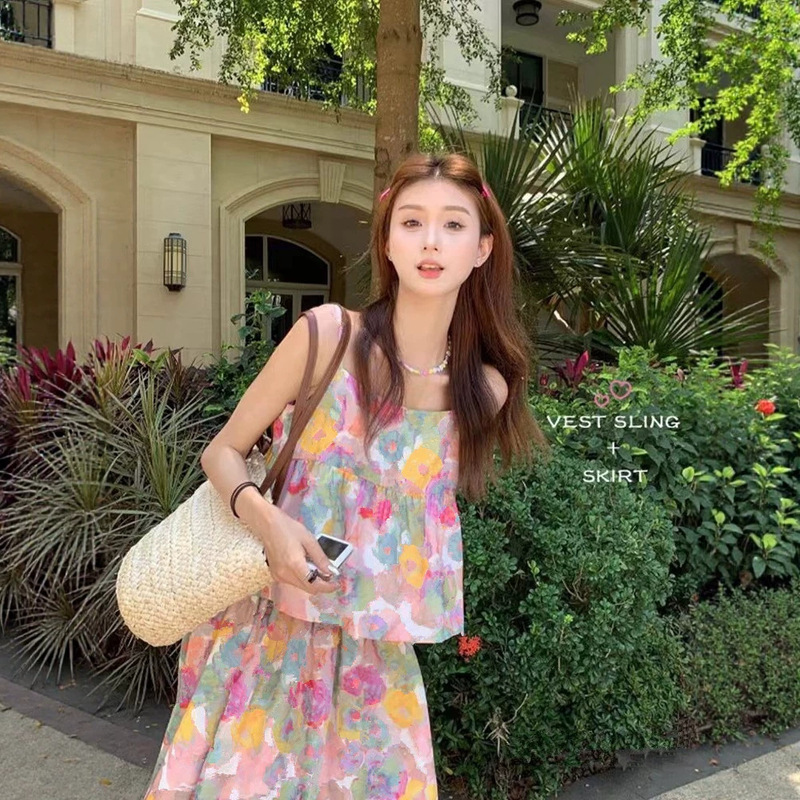 Floral French style suit women's sling top summer new skirt elegant skirt seaside vacation two-piece suit