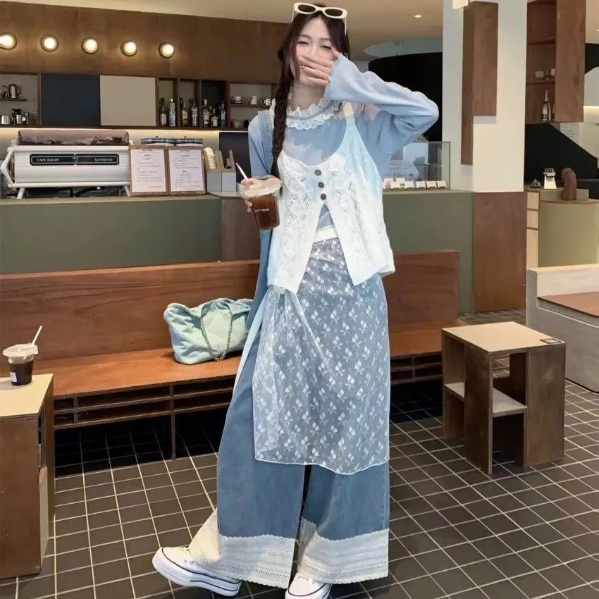 초봄 의상 세트 2025 여성용 펀칭 니트 홀터넥 탑 티셔츠 메쉬 앞치마 청바지 4종 세트