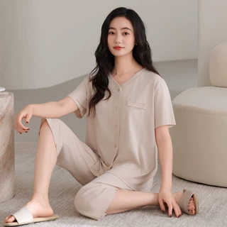 莫代尔睡衣女夏季薄款短袖七分裤中年妈妈大码冰丝凉感家居服批发