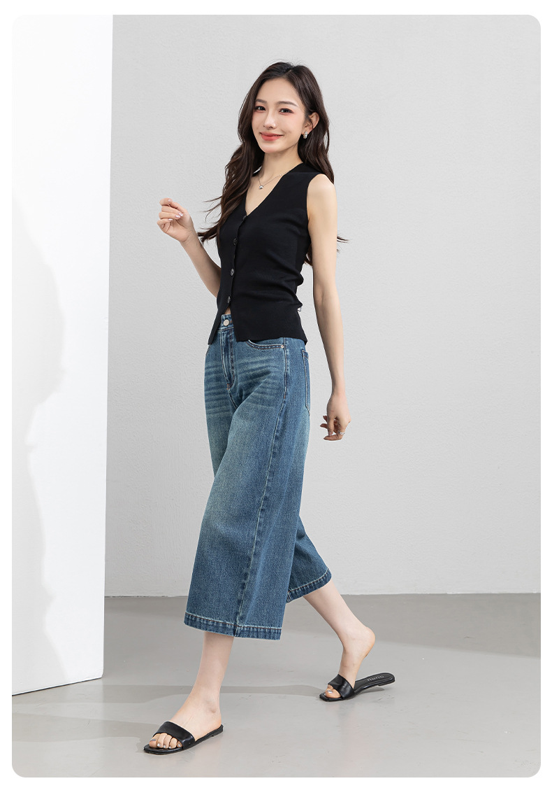 Quần jean nữ ống rộng cạp cao phong cách Mỹ retro, dáng suông rộng che khuyết điểm, dài 7–8 phân — màu xanh nhạt chi tiết 27